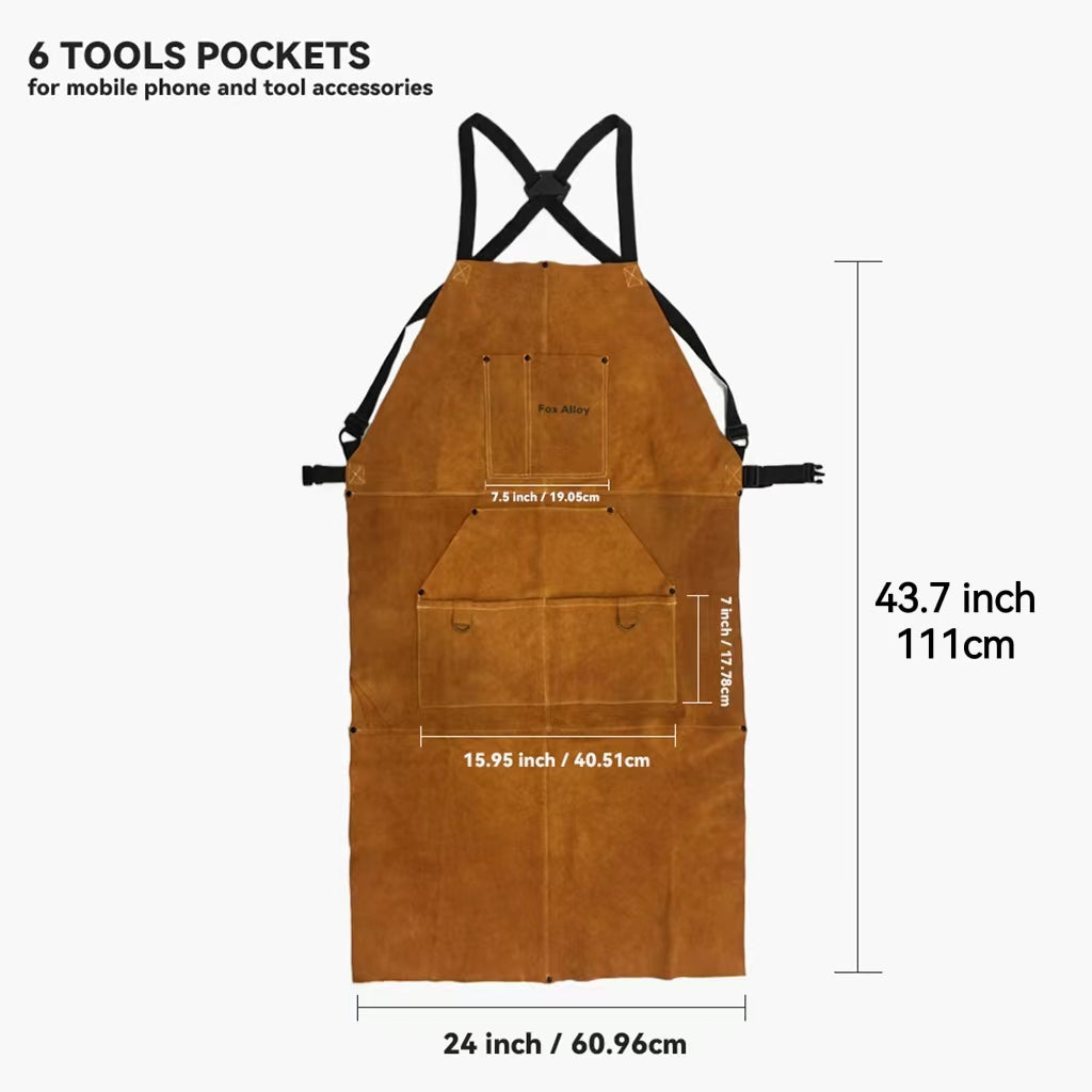 Fox Alloy 43.7" Long Real Leather Adjustable Heavy Duty Work Apron with 6 Tool Pockets Heat Flame Resistant Welding Apron
