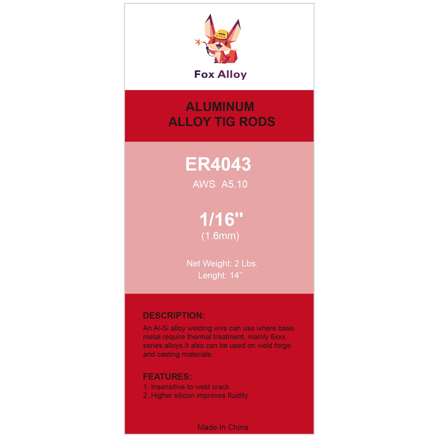 Fox Alloy 36" Al-Si Alloy Tig Welding Rods ER4043