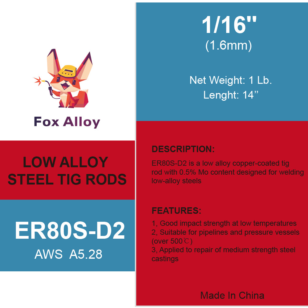 Fox Alloy 36" Copper-coated Low Alloy Tig Welding Rods ER80S-D2