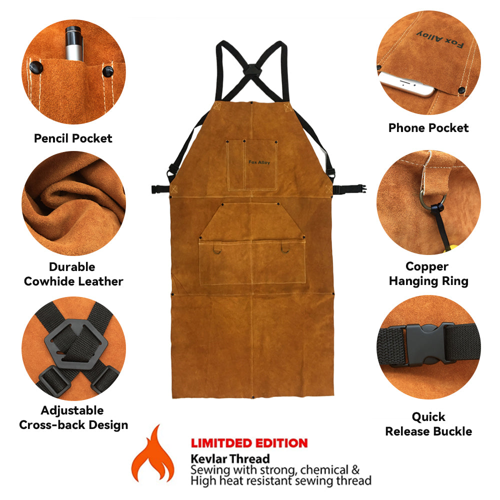 Fox Alloy 43.7 Long Real Leather Adjustable Heavy Duty Work Apron wit
